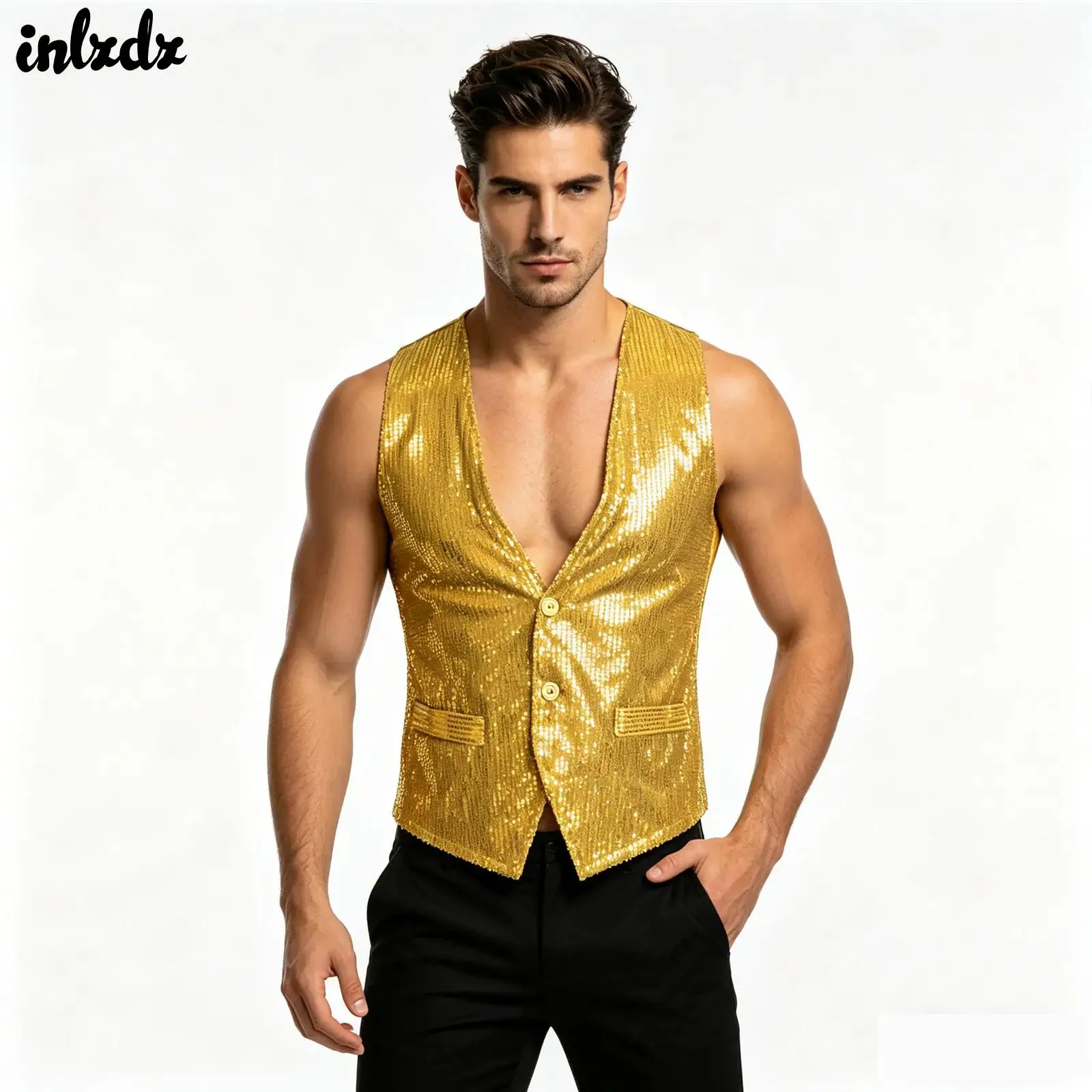

Mens Jazz Hip Hop Dance Performance Costume Womens Glittery Sequin Suit Vest Button Sleeveless Festivals Waistcoat Jacket