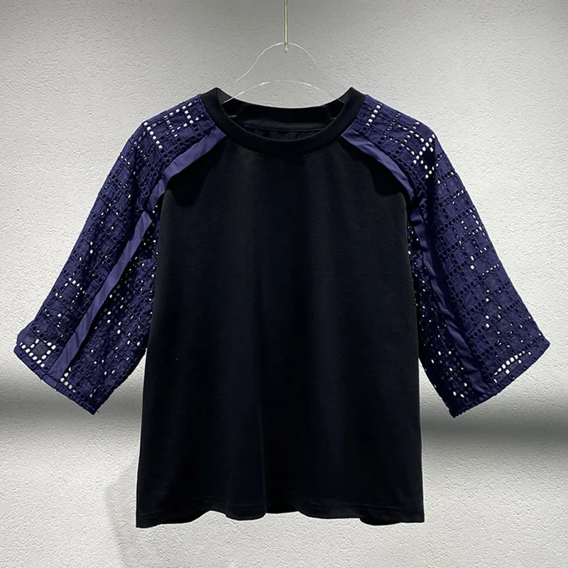 

2025 New Limited Edition Round-neck Open-Weave Short-Sleeved T-Shirt Patched Casual Top for Women