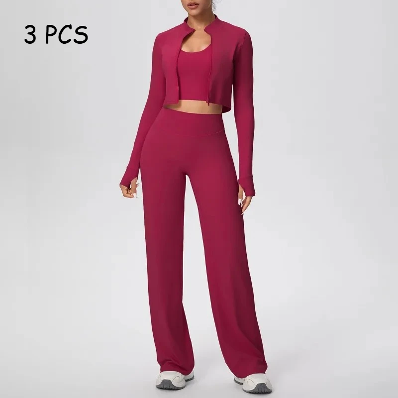 

Женский бесшовный комплект для йоги из 3 предметов, куртка с длинными рукавами, бюстгальтер, широкие брюки, спортивный костюм, спортивный костюм для фитнеса, тренажерного зала, облегающий костюм с высокой талией