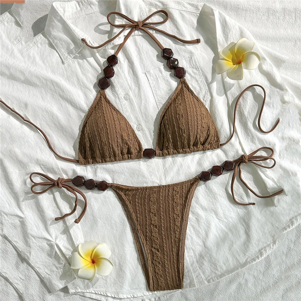 

Brown Lace Bead Tie Triangle Micro Bikini Thong Set Sexy Swimsuit Women 2026 Halter String Swimwear Bathing Suit Bikinis Mujer