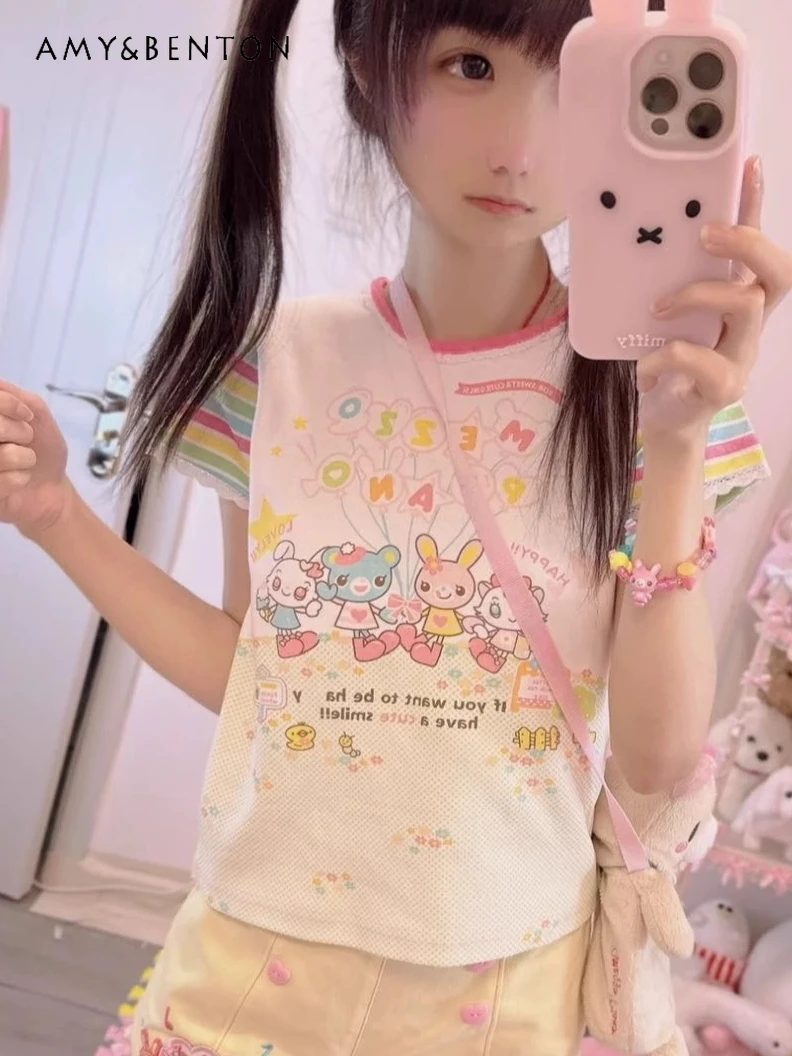 

Japanese Cute Sweet Cartoon Girl Short-sleeved Casual T-shirt Top Summer Preppy Style Kawaii Splicing Color Slim T Shirt Women