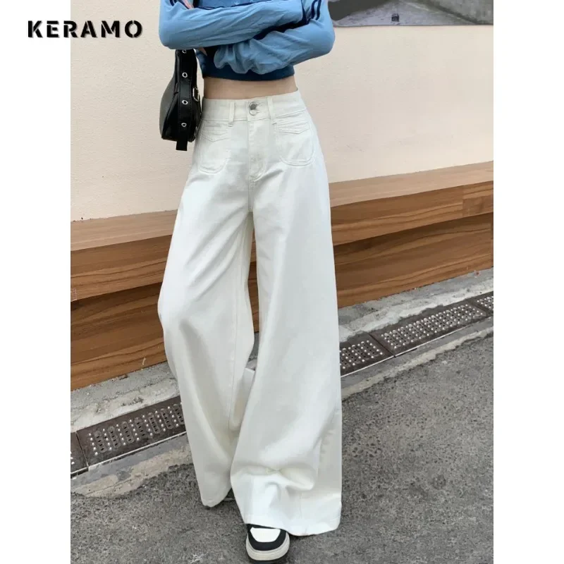 Damskie Basics Baggy 2000s Denim Trouser Washed Vintage Casual Classic Emo Pure Pants High Street Retro Simple High Waist Jeans