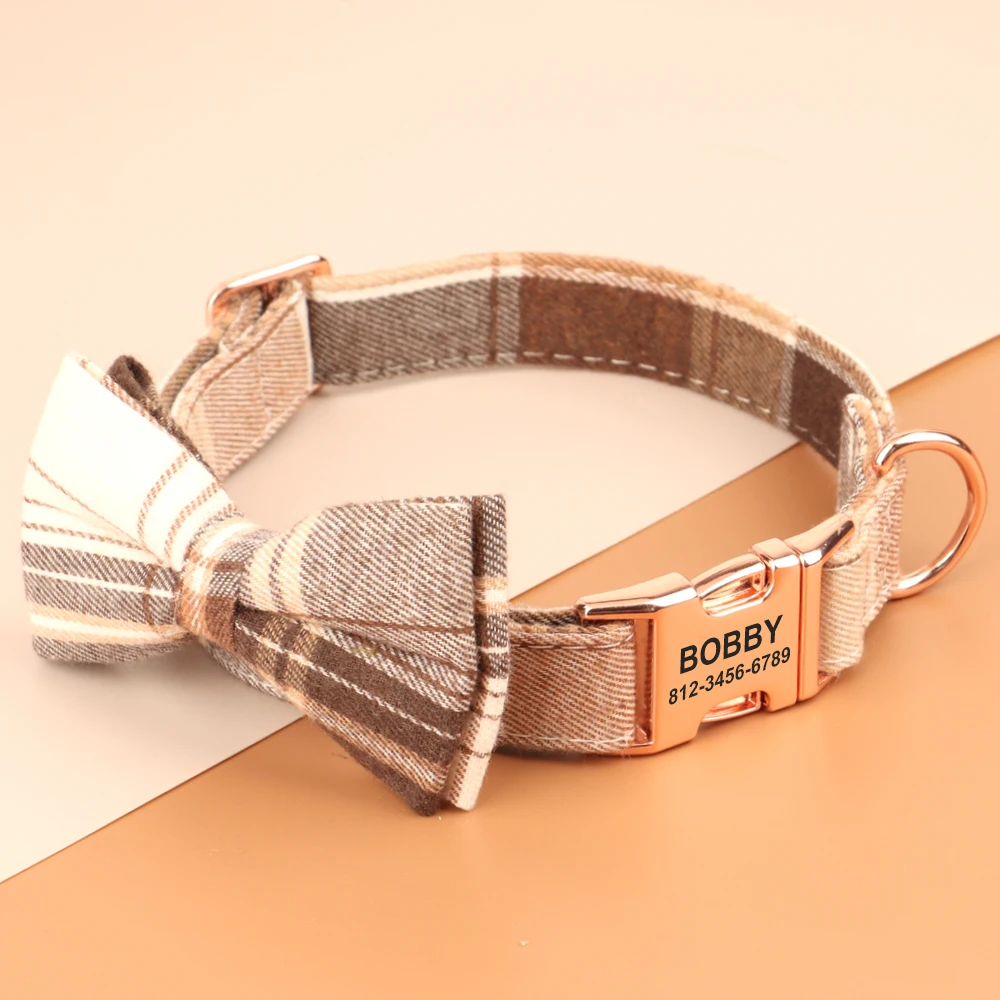 Personalized Bowknot Dog Collar Nylon Plaid Dog Collars Free Engraving Custom Pet Nameplate Necklace For Small Medium Large Dogs