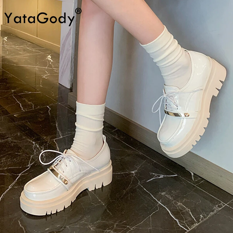 

Женские туфли на платформе YATAGODY, туфли-лодочки на толстом высоком каблуке, со шнуровкой и цепочкой, повседневные лоферы, весна 2025