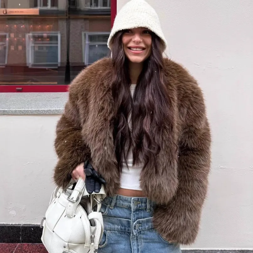 Faux Fox Fur Coat Women Short Fur Jacket Solid Round Neck Long Sleeve Open Stitch Thick Warm Fur Loose Casual 2025 Autumn Winter