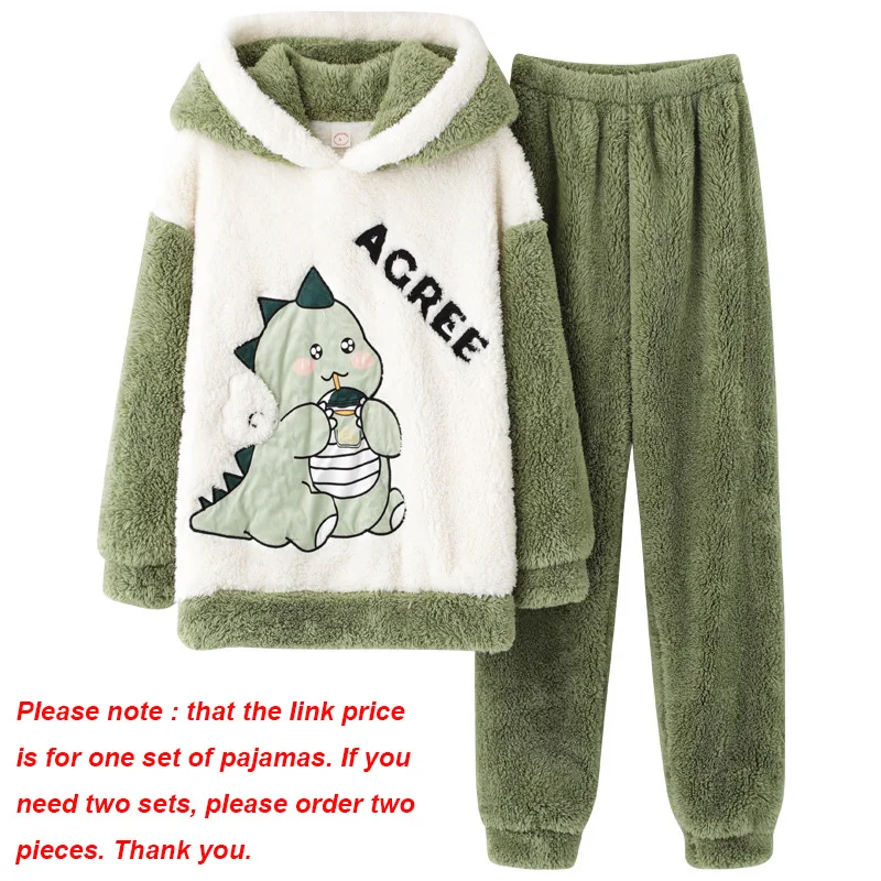 Couples Pajamas Sets Women Men Winter Thicken Pyjamas Sleepwear Cartoon Dinosaur Korean Lovers Homewear Soft Warm Pijama Hoodies