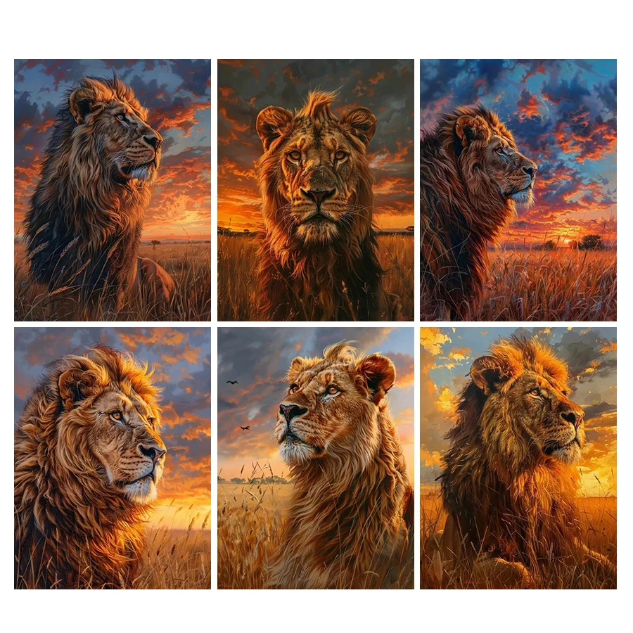 Sunset Lion Diamond Painting New Collection Wild Animals Full Mosaic Arts Diy Rhinestone Embroidery Autumnal Scenery Wall Decor