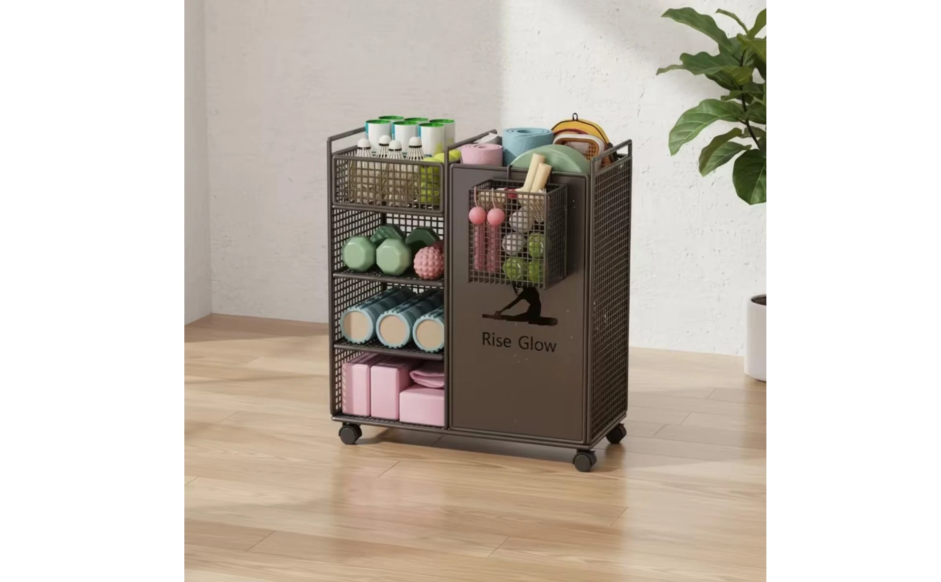 Fitness Equipment Rack with Wheels Wheeled Workout Equipment Organizer Home Gym Organizer Multi-Tier Shelf Stand Compact