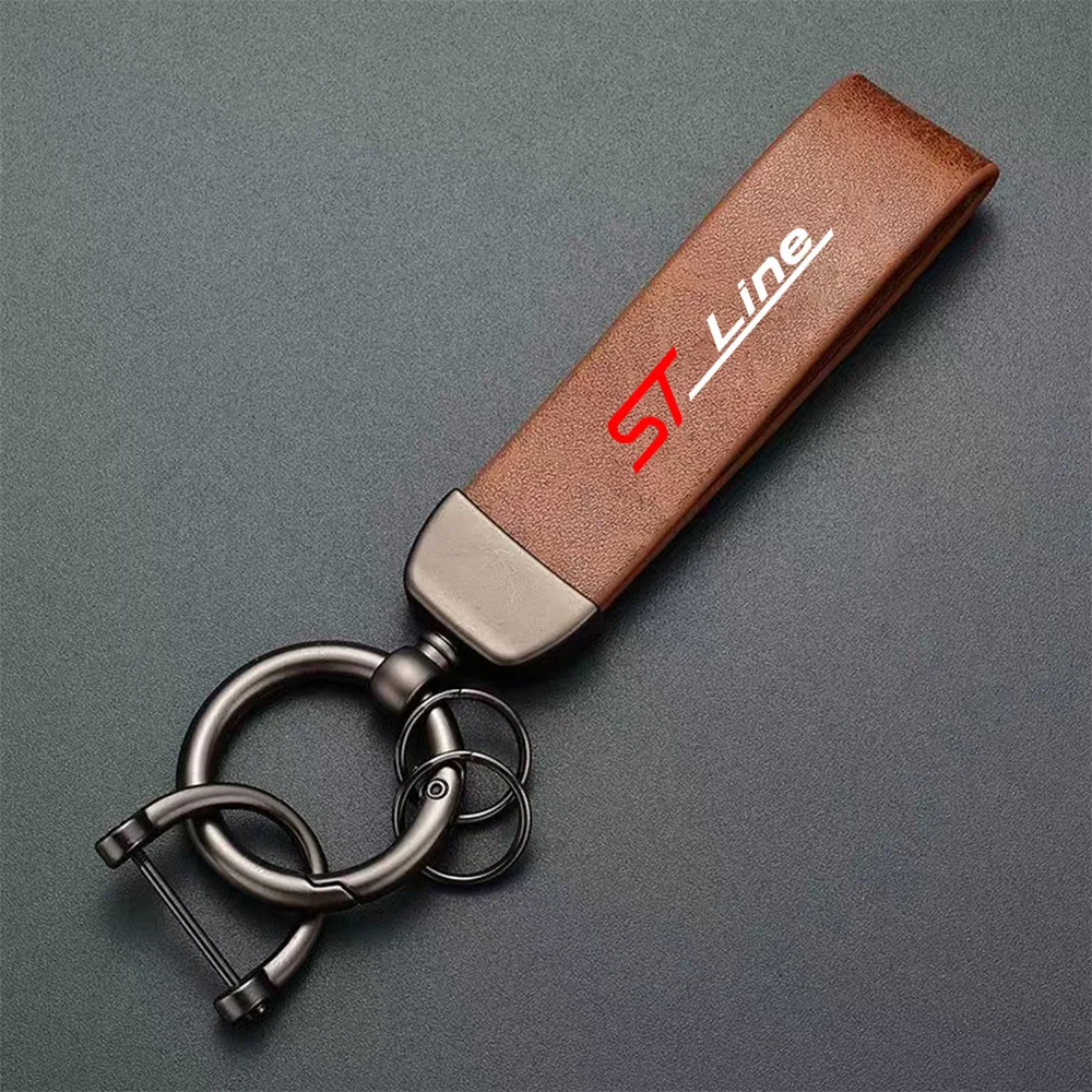 Car Keychain PU Leather Metal Keychain Suitable for Ford STLINE Focus Mondeo Kuga Fiesta Waist Belt Zinc Alloy Leather Keyring