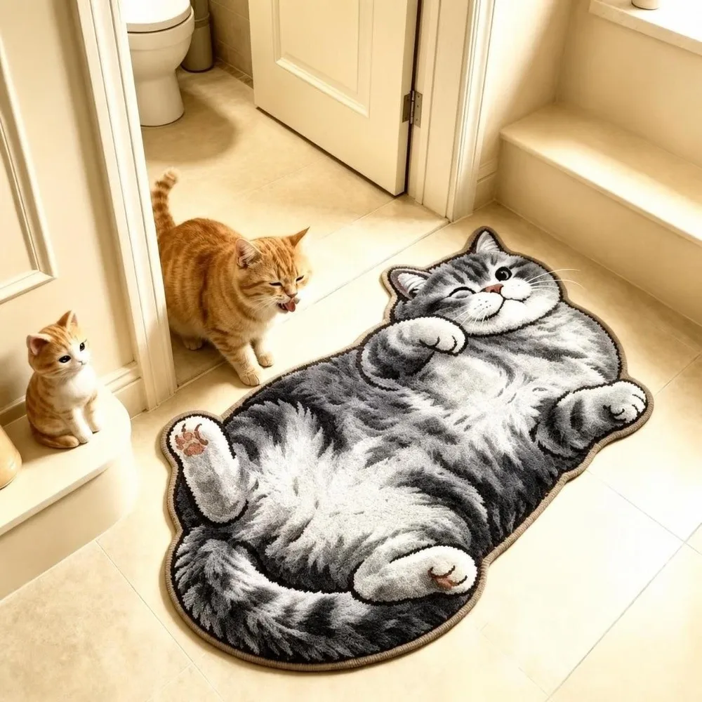 Soft 2D Cat-Shaped Area Rug Anti-fouling Easy to Clean Home Decor Carpet Non-Slip Cartoon Carpet Living Rooms