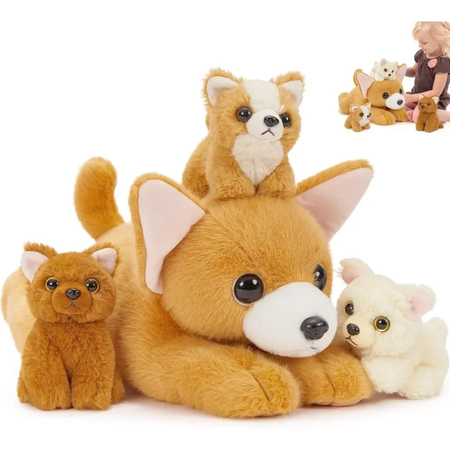 

4 in 1 Chihuahua Dog Stuffed Animals Set 18 inch Large Soft Realistic Puppy Pillow Toys for Boys Girls Cute Brown Plush Puppy w