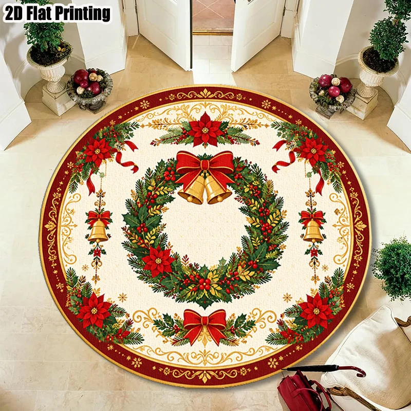 Tribal Border Circle Carpet Wild Black Bear Pine Tree Round Area Rug Non Slip Washable Red Check Plaid Bedroom Decoration