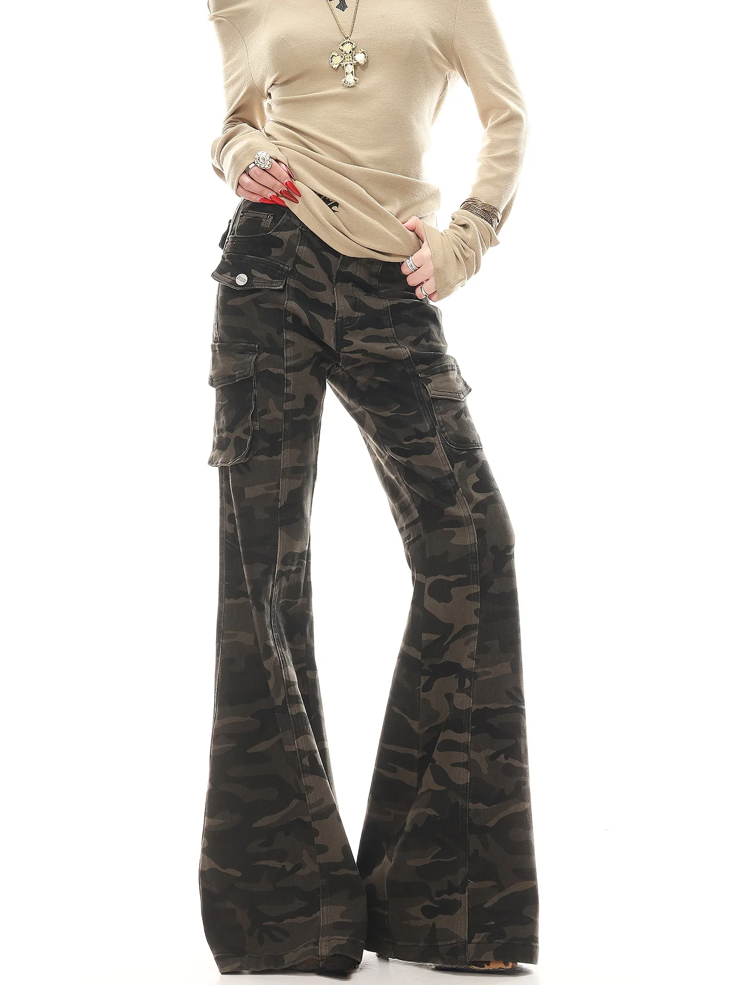 

High Street American Camouflage Multi-Pocket Loose Flared Jeans Women's Spicy Girl Wide Leg Pants Retro Wash Natural Waist