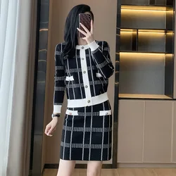 Spring 2024 New Cashmere Set Skirt Women' Elastic Waist  All-Matching Plaid Print Knit Top Long  Two-Piece  T664