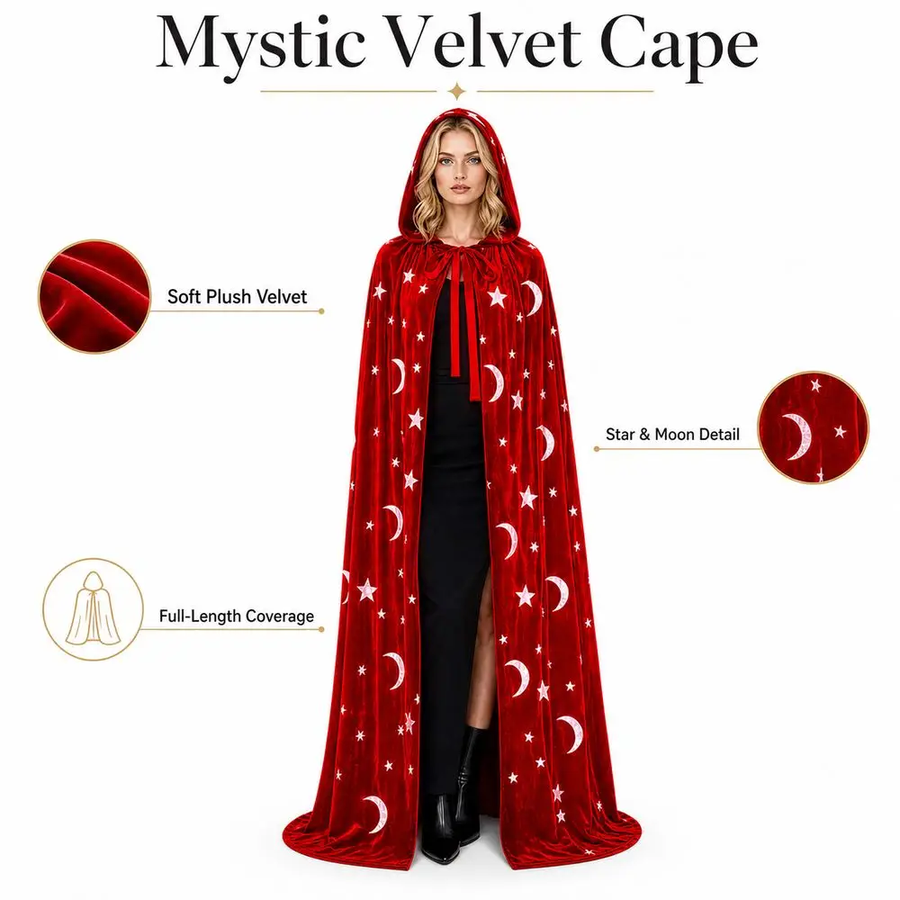 with Oversized Hood Halloween Hooded Cloak Polyester Velvet Ribbon Tie Closure Overcoats Soft Texture Black Color