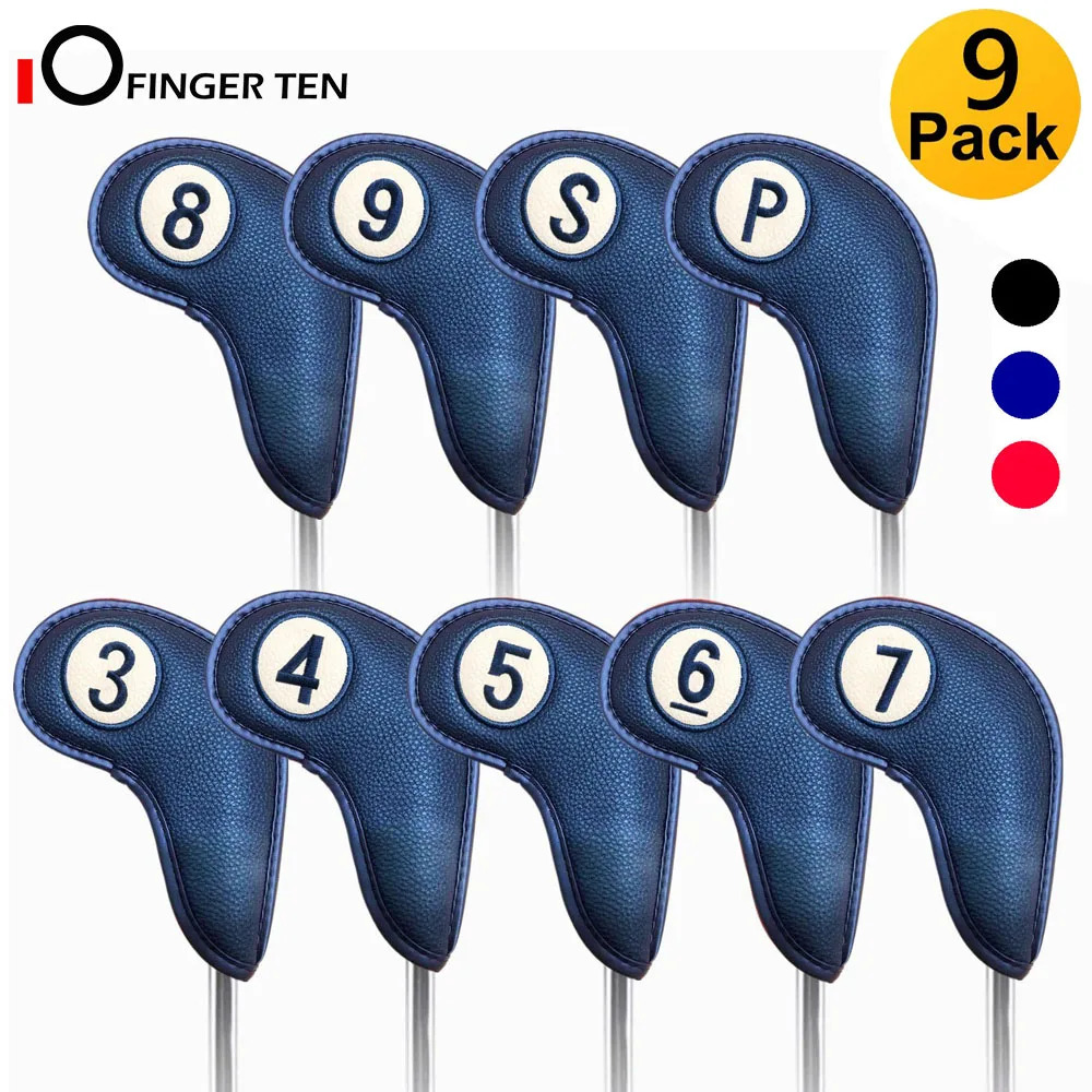 9 Pcs Upgrade Leather Long Neck Golf Iron Cover Strong Magnetic Closure Both Side Head Covers Left Right Handed Golfer