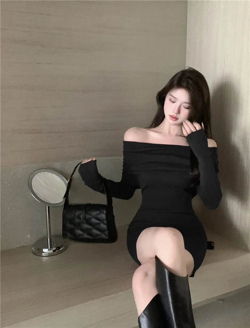 

Black Off Shoulder Mini Dresses Spring Autumn Elegant Long Sleeve Mini Dress Korean Fashion Women Slim Sexy Bodycon Dress