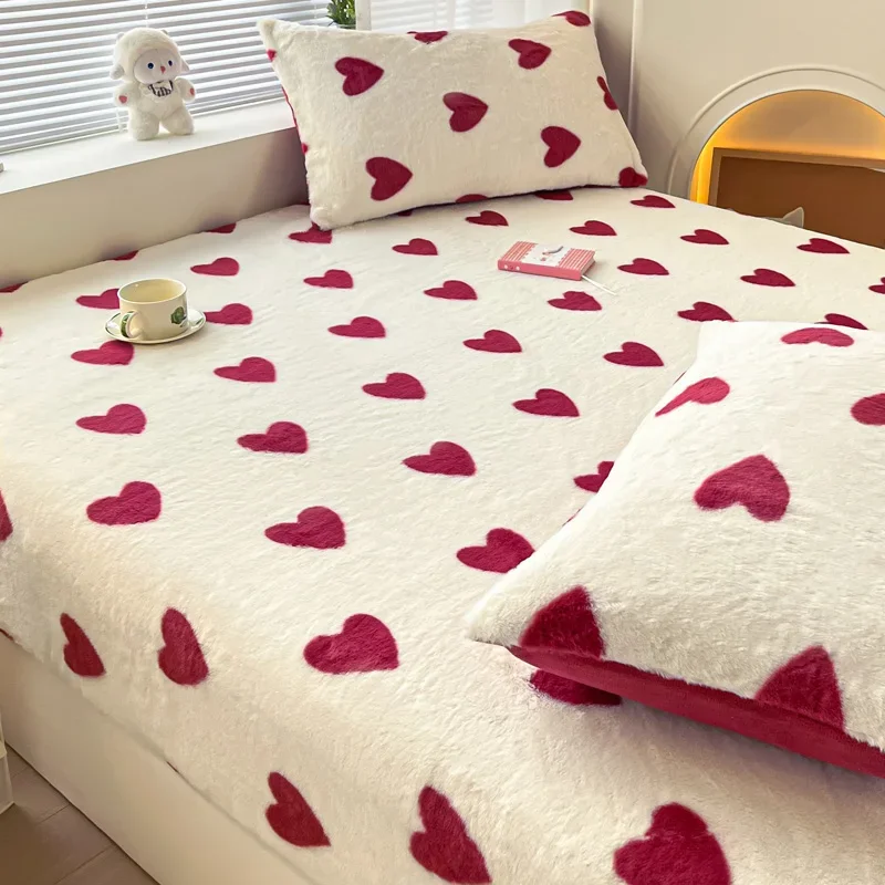 Winter thermal plush fitted sheet elastic mattress cover red heart printed warm coral fleece bed linens queen king size