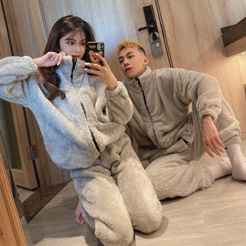 Winter New Couple Cardigan Zipper Plush 260g Loose Warm Ladies Cute Casual Coral Fleece Pajamas 4XL Men\'s Large Size Homewear