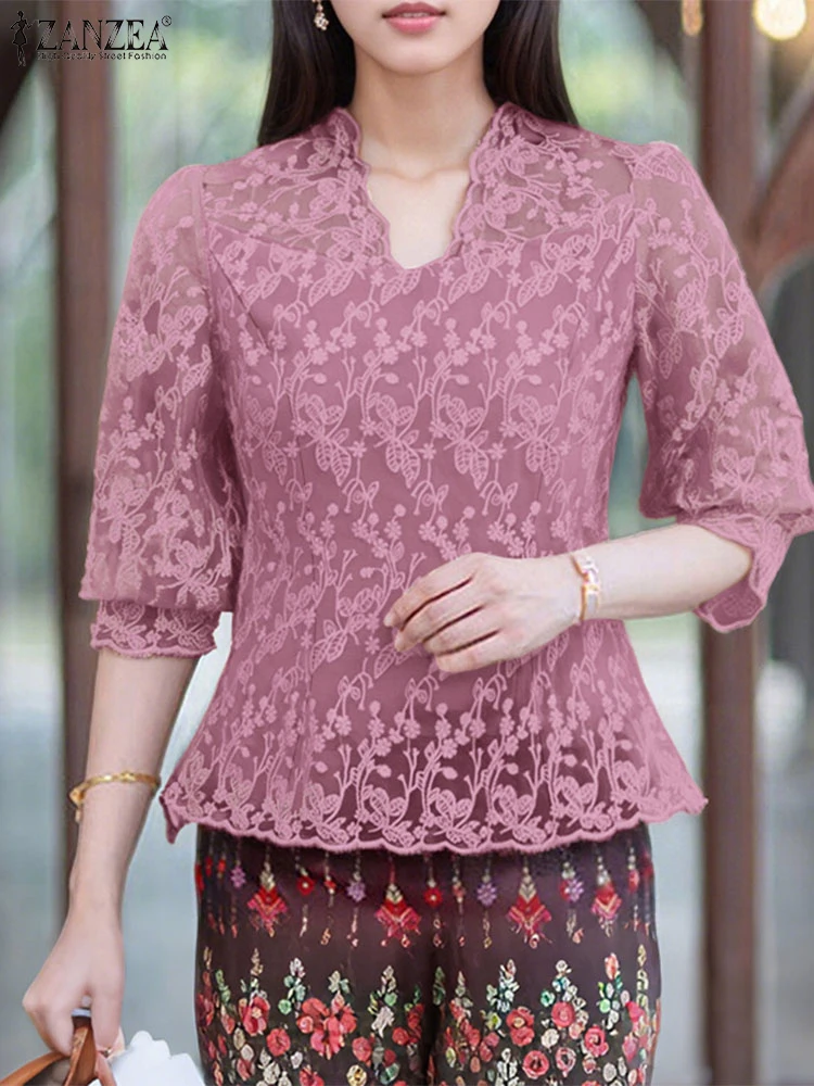 ZANZEA Moda Donna Scollo a V Mezza Manica Top da lavoro 2025 Camicia estiva in pizzo all'uncinetto Camicette ricamate casual Blusas eleganti per feste