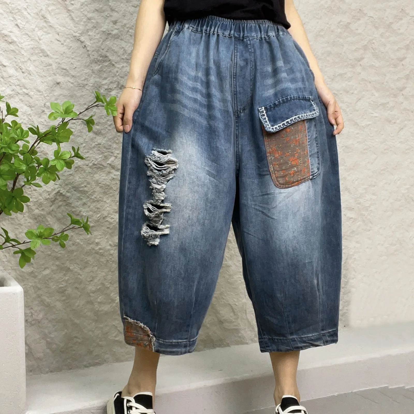 Women Casual Ethnic Style Washed Simple Ripped Denim Capri Pants Elastic Waist Printed Patch All-Math Plain Joggers Trousers