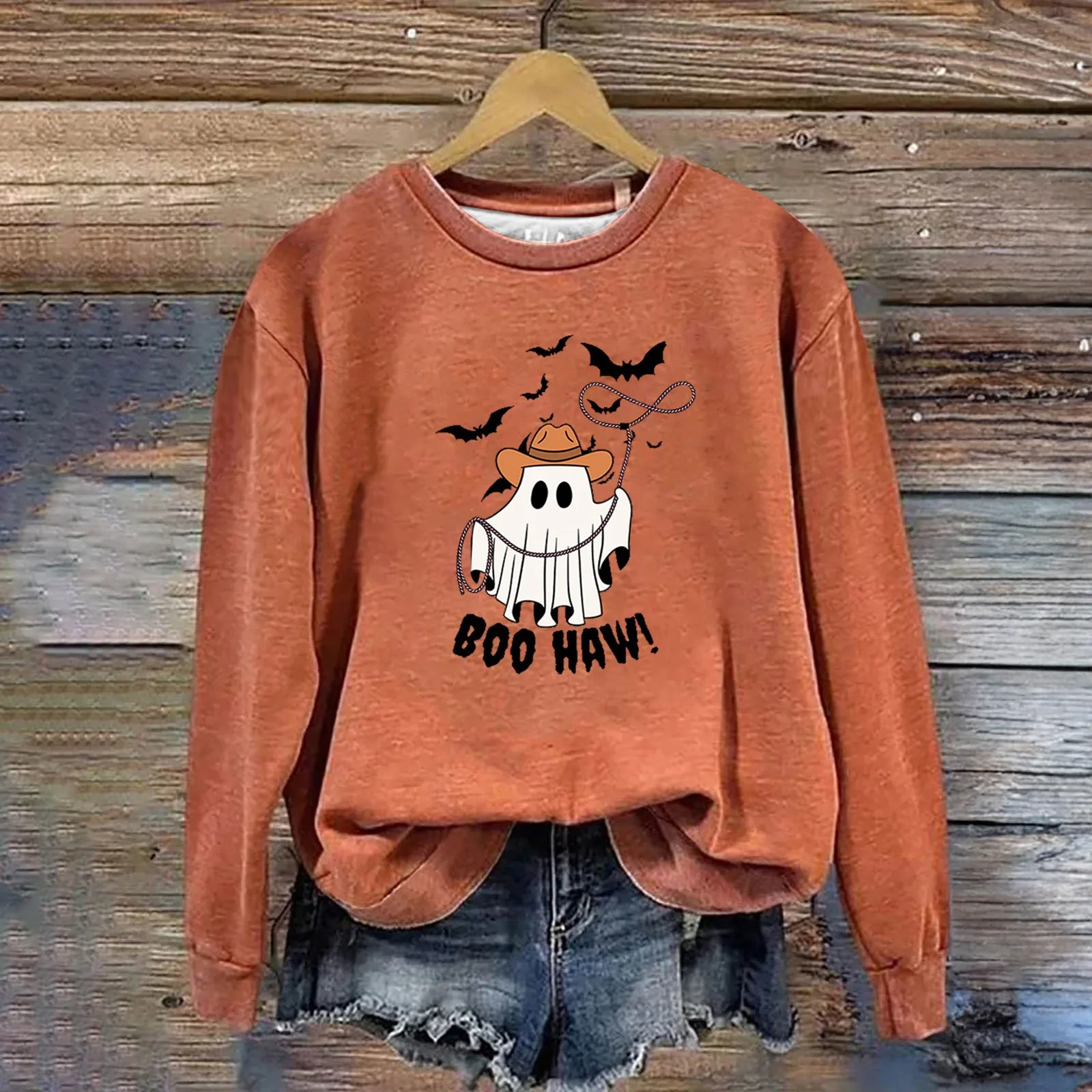 Womens Long Sleeved Round Neck Large Sweater Halloween Printed Women's Fashion Printed Top Outerwear Exercise Running