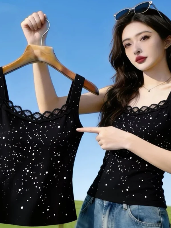 

Ice Silk Lace Star Strap Vest Women's Summer Slim Fit Design Trendy All-Match Top Korean Style round Neck Short Length