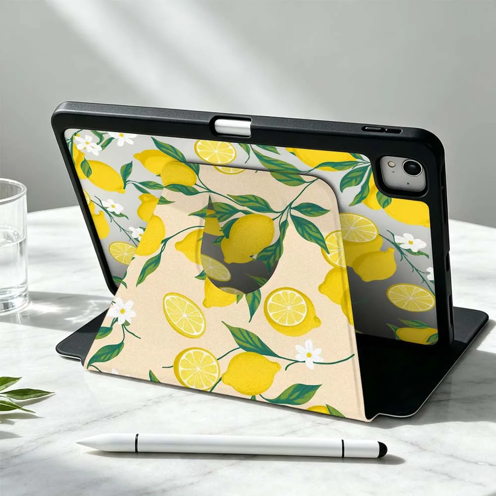 Yellow Lemon Pattern Soft For iPad Pro Air mini 6 5 4 12th M5 M4 M3 M2 A16 A17Pro 360° Rotation Stylus Storage Tablet Case
