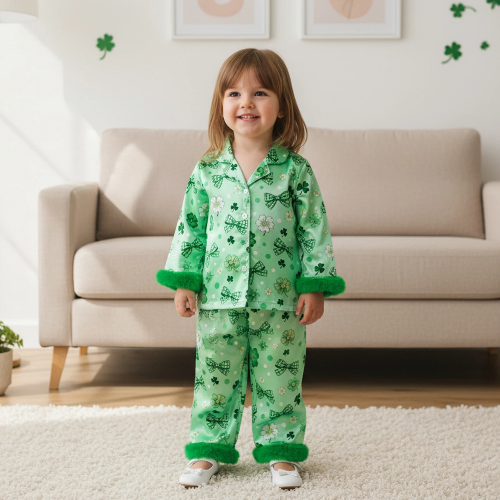Toddler Little Girl Spring Fall Pajama Set Shamrock Print Furry Trim Button Up Long Sleeve Tops and Pants Sleepwear  Set