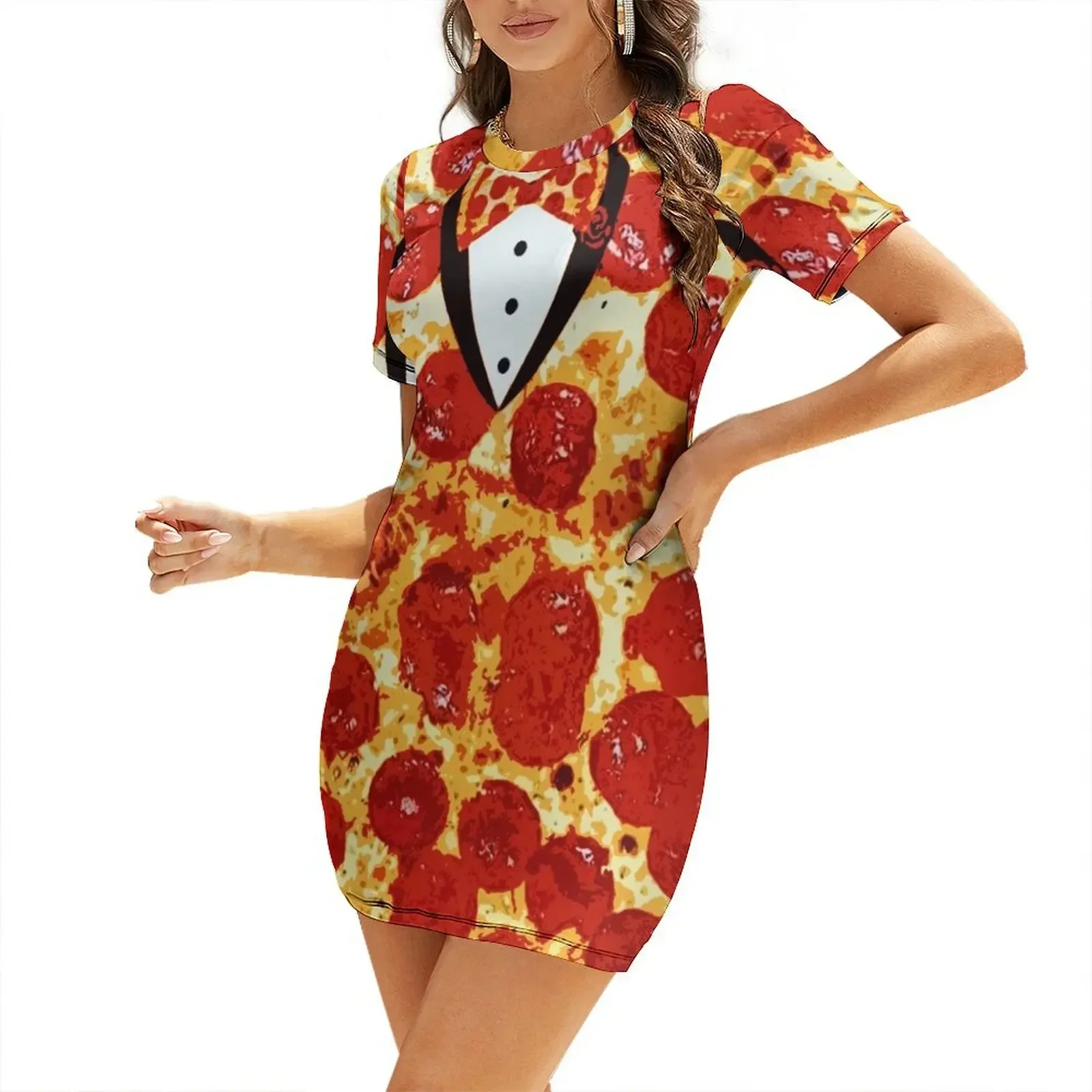 Vestido de manga corta Pepperoni Pizza Tuxedo, ropa de verano para mujer, vestidos de verano para mujer 2026, vestidos de verano para damas 2026