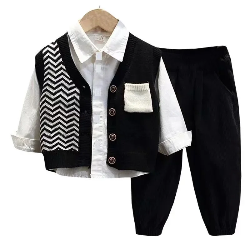 

New Boys' Spring Handsome Suit Trend Boys' Spring and Autumn Three Sets Of Children's Sweater Cardigan 2025