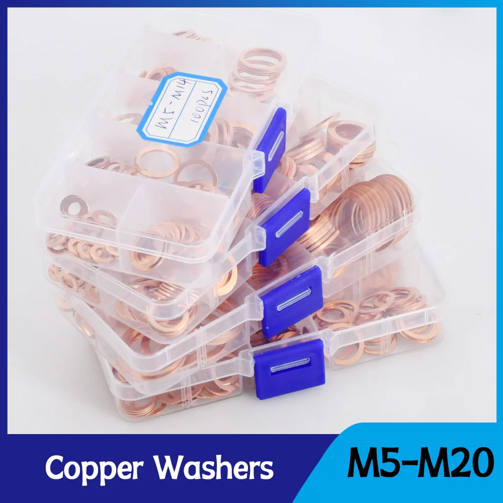 Solid Pure Copper Flat Washers Set Sealing Gasket M5-M20 Sump Plugs Oil Sealing Spacers Automotive Engine Plumbing Seal Ring Kit