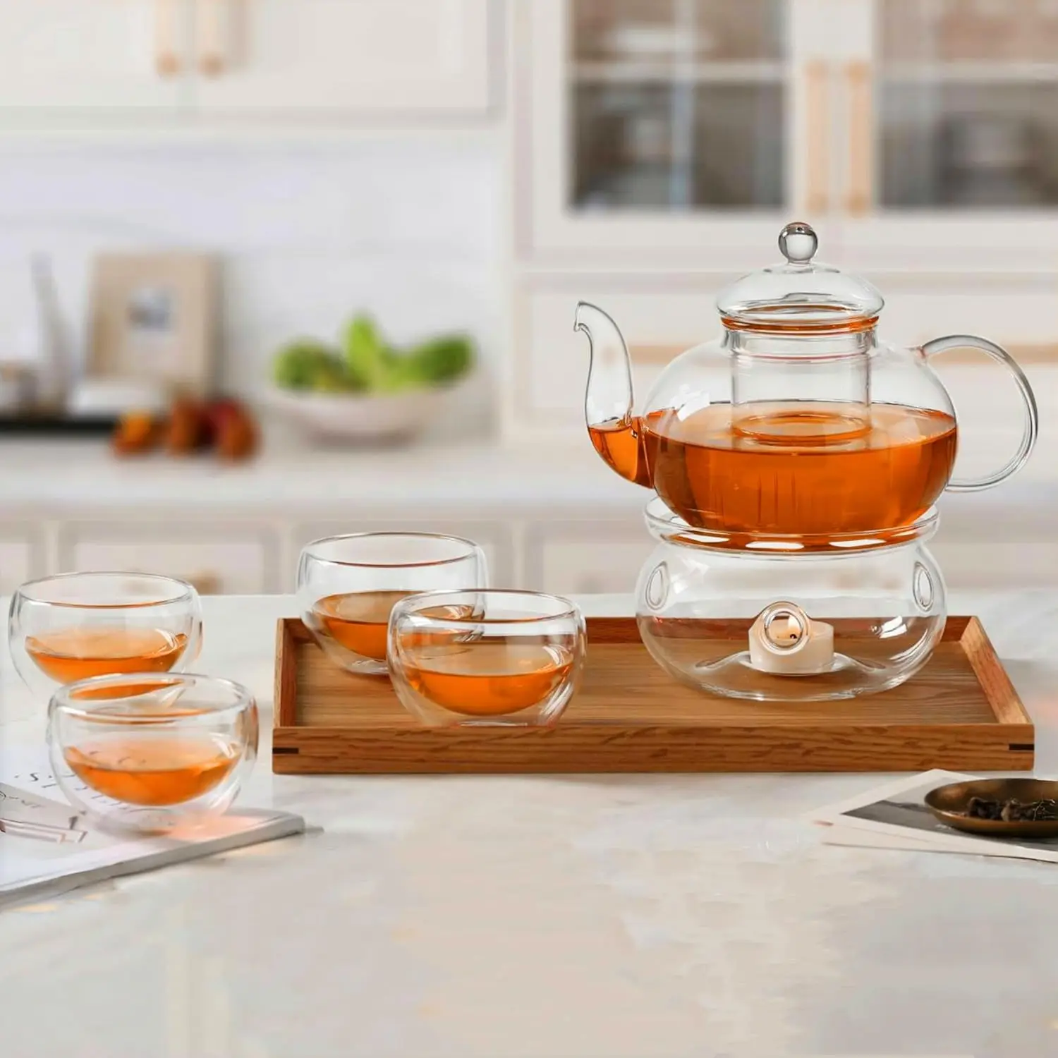 

33.8oz Glass Teapot with Removable Infuser, Stovetop Safe Tea Kettle Set Includes 4 Cups and Warmer