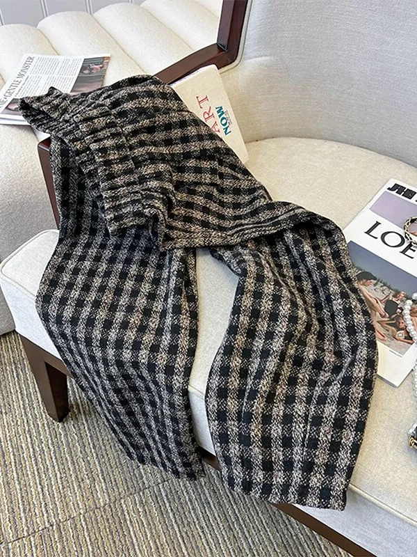 

Retro Plaid Woolen Wide Leg Pants Women's plus Size Slimming Thi Casual Long Trousers Comfortable High Waist Straight Cut