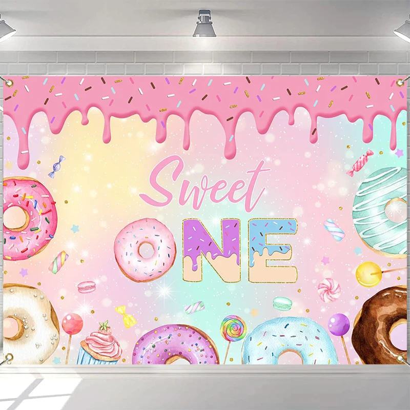 

LS Photography Backdrop Custom Sweet 1st Birthday Donut Candy Lollipop Decor Kid Birthday Party Cake Smash Photo Backdrop Studio