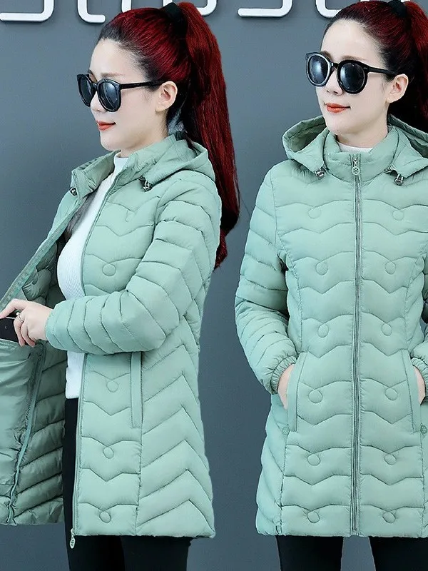 Faionable Slim Fit Lightweight down Cotton Jaet Women's Mid-Length Cute Padded Coat Autumn Winter Commute Sle Korean Ve...