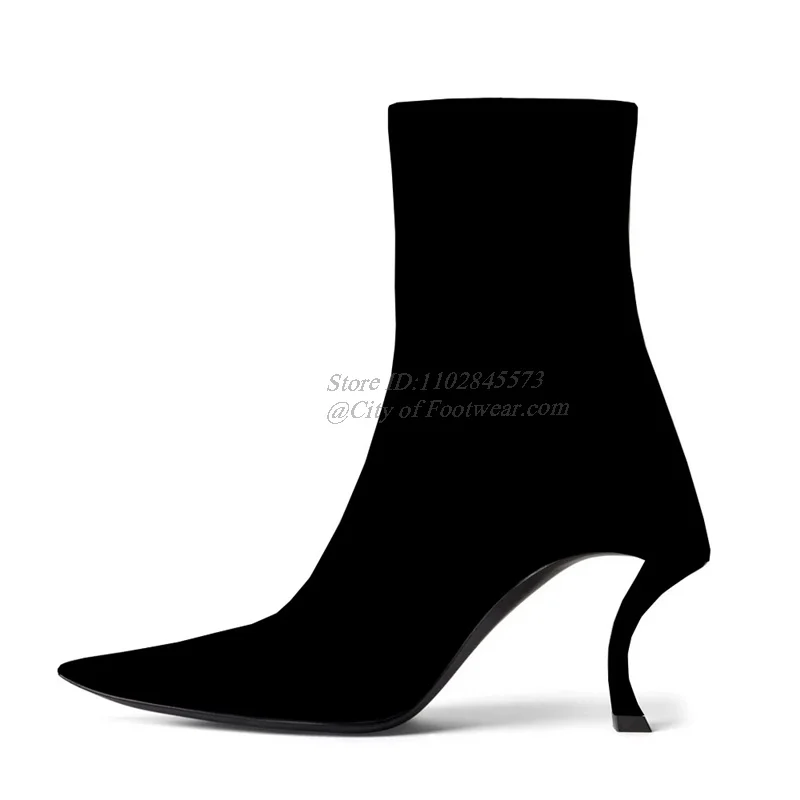 2024 New in Black Leather Ankle Boots Strange Style Sexy Pointy Toe High Heels Zipper Booties Luxury Designer Women\'s Shoes