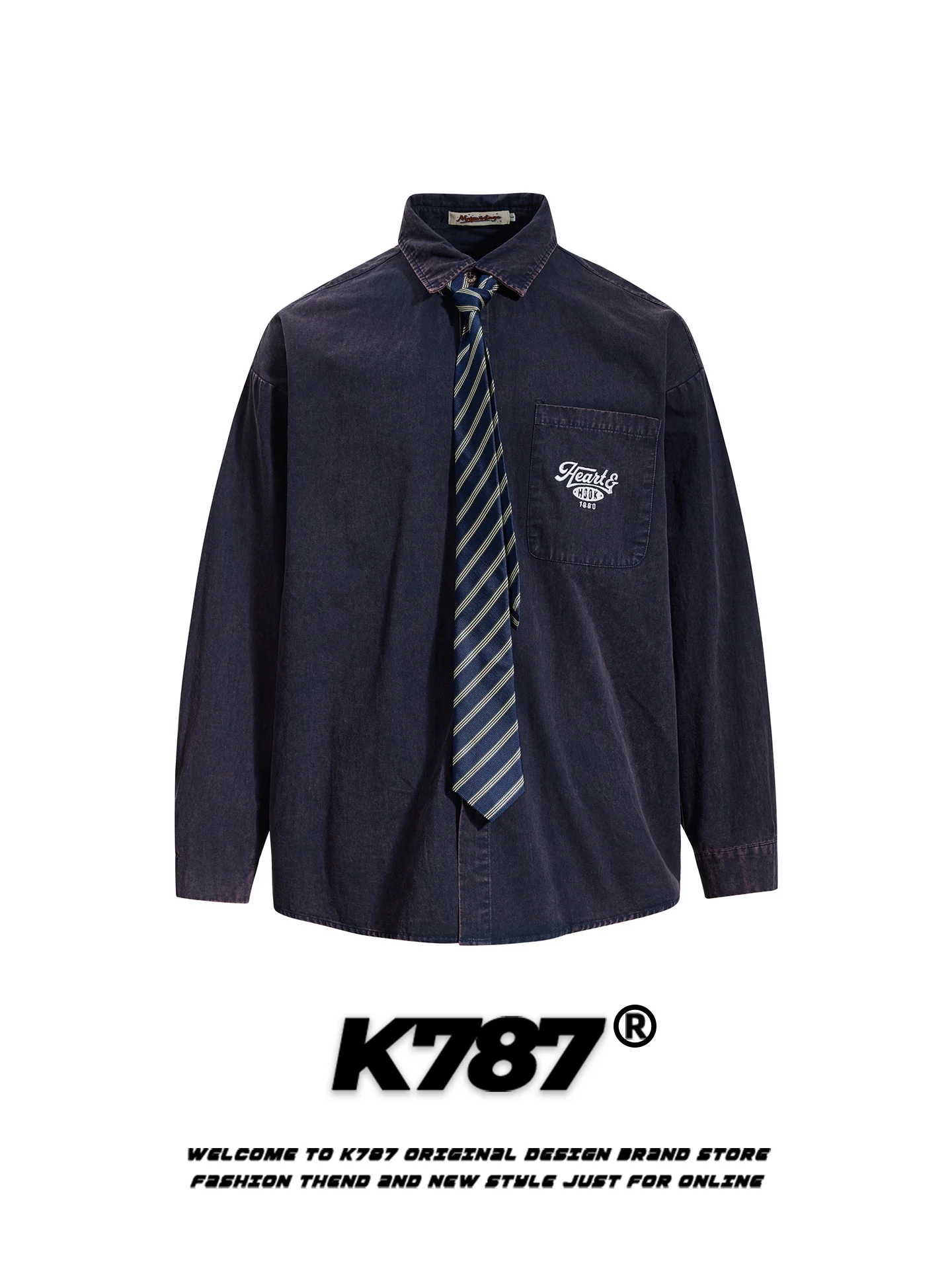 

K787 American Street Sle Long Sve irt Waed out Loose Fit Cotton Youthful Casual Couples Top with Embroidered ket