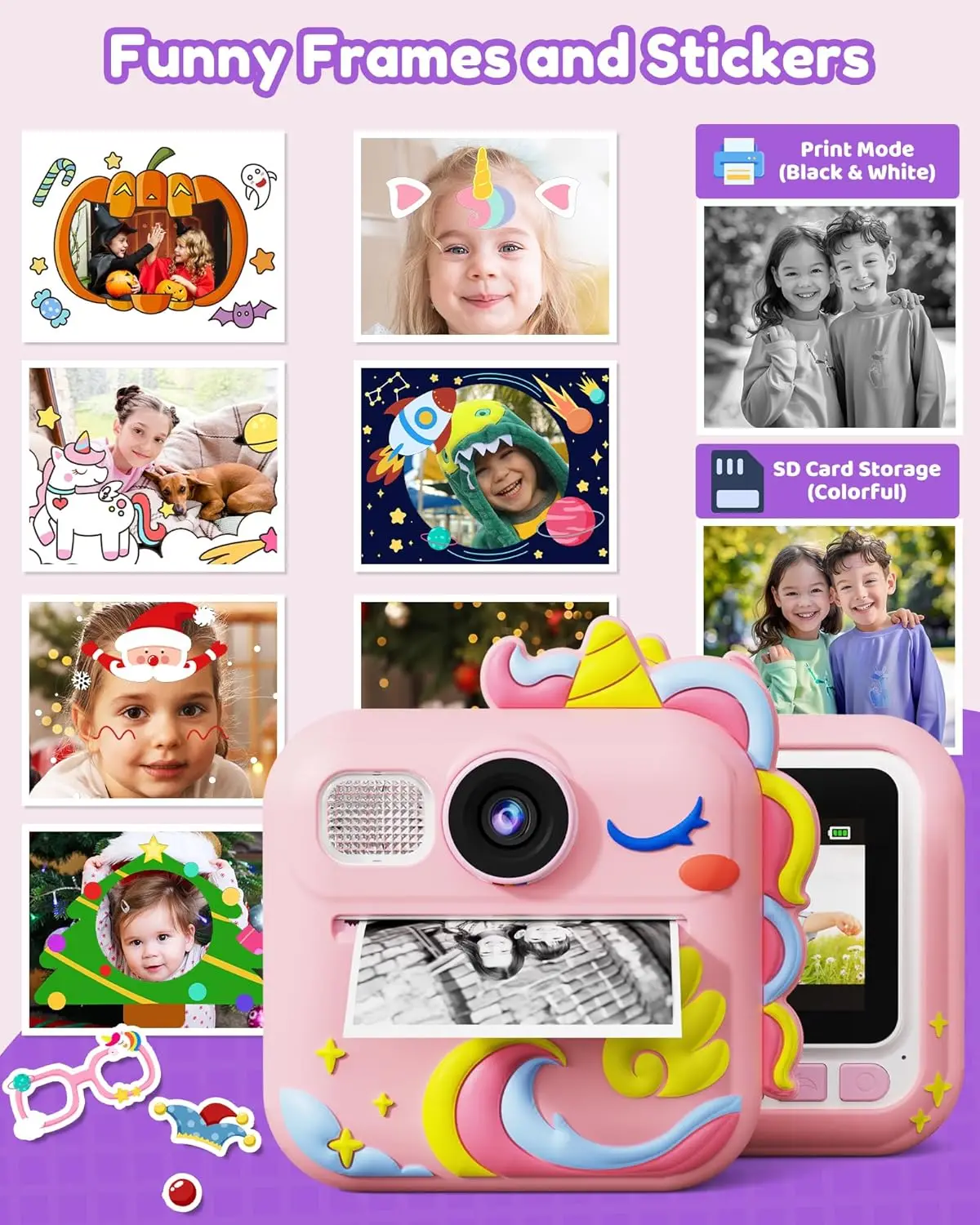 Appareil photo pour enfants à impression instantanée, appareils photo pour tout-petits, cadeaux d'anniversaire de noël pour filles de 3 à 12 ans, appareil photo à impression instantanée vidéo numérique