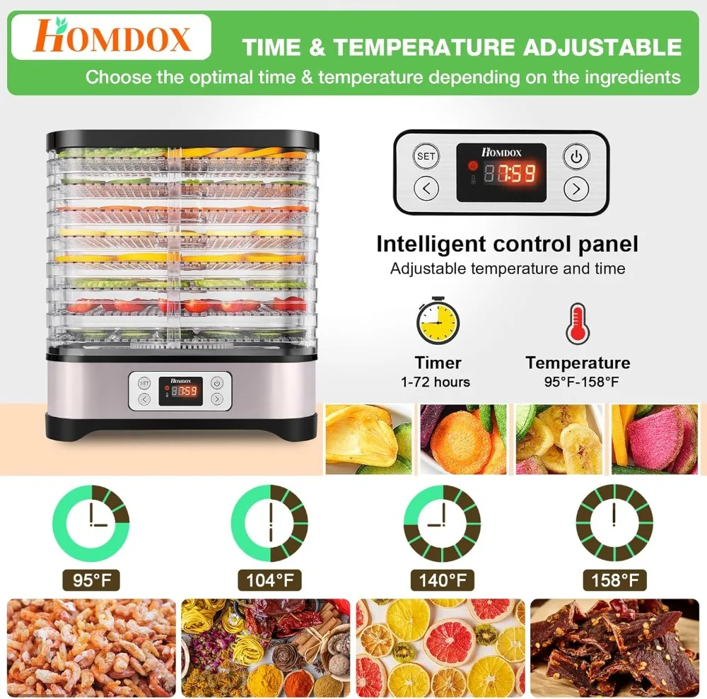 Desidratador Homdox, 8 bandejas sem BPA, desidratador 400W, temporizador 72H e controle de temperatura