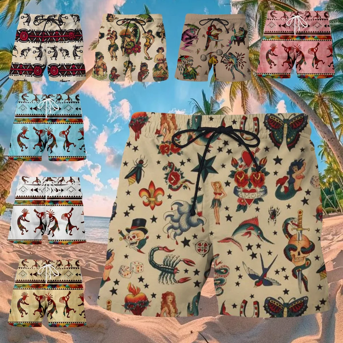 

Новые летние мужские шорты, штаны для плавания на шнурке, модные ретро-принты с принтом, праздничные пляжные каникулы, гавайские микроэластичные шорты