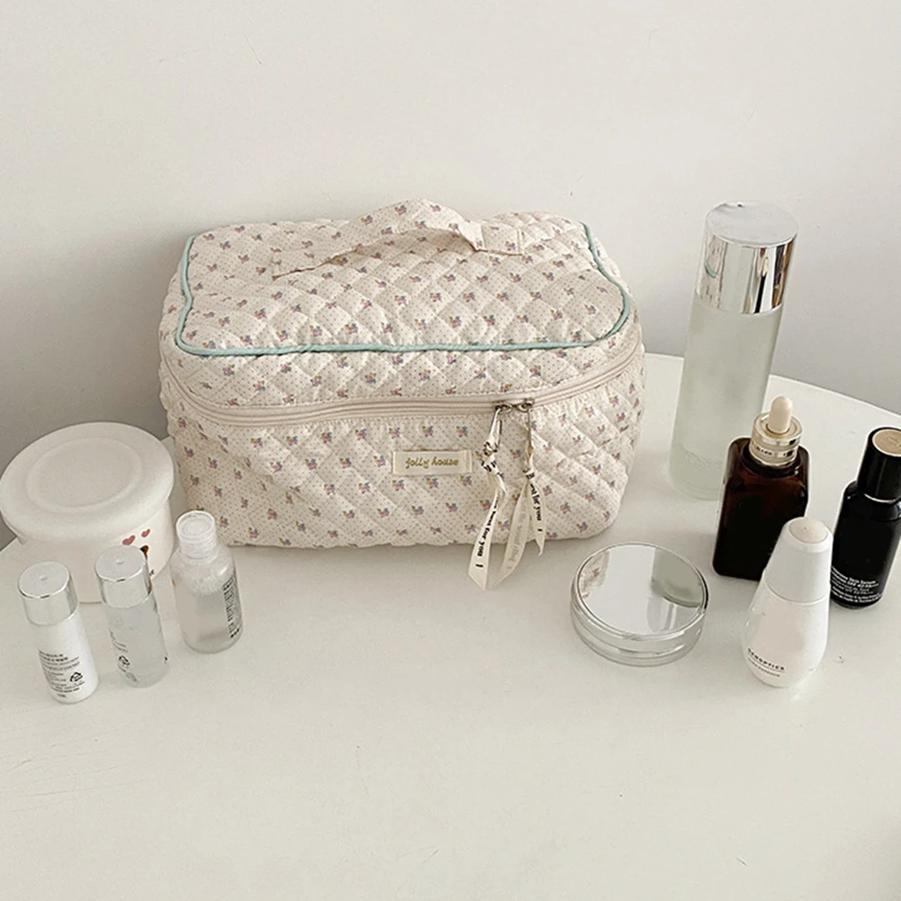 حقيبة مستحضرات التجميل الكورية اللطيفة المحمولة بسحاب حقيبة مكياج مبطنة حقيبة يد ذات سعة كبيرة مطبوعة بالزهور للسيدات والفتيات #3