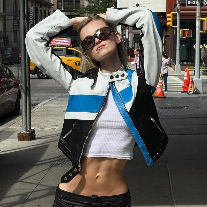 

2025 Autumn New Splicing Motorcycle Style Hot Girl Jacket Short Slim Zip Up Jacket Women's Leather Jacket