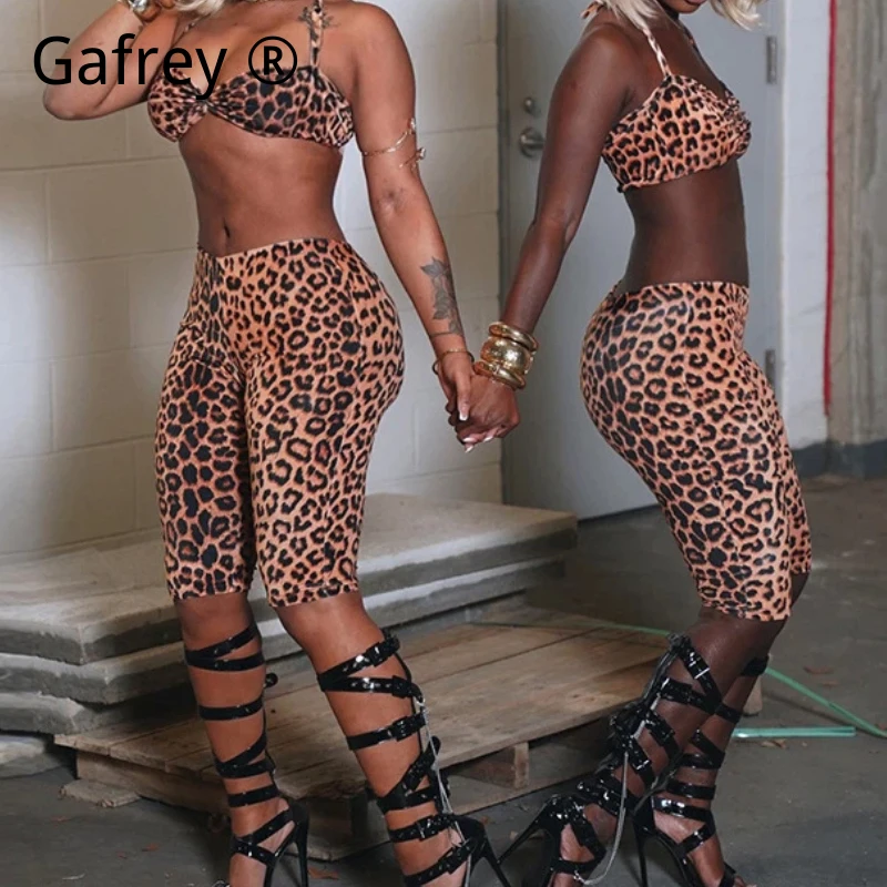 

Leopard Print Two Piece Outfit Women Sexy Halter Sleeveless Crop Top & Shorts Matching Sets Y2K Party Club Streetwear