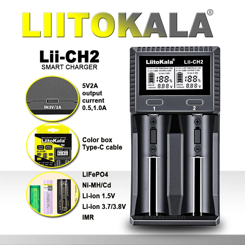 Liitokala Lii-CH2 3.7V 1.2V 1.5V LCD Multifunction 18650 26650 21700 17355 18350 14500 AA AAA NIMH/CD Li-ion Battery Charger