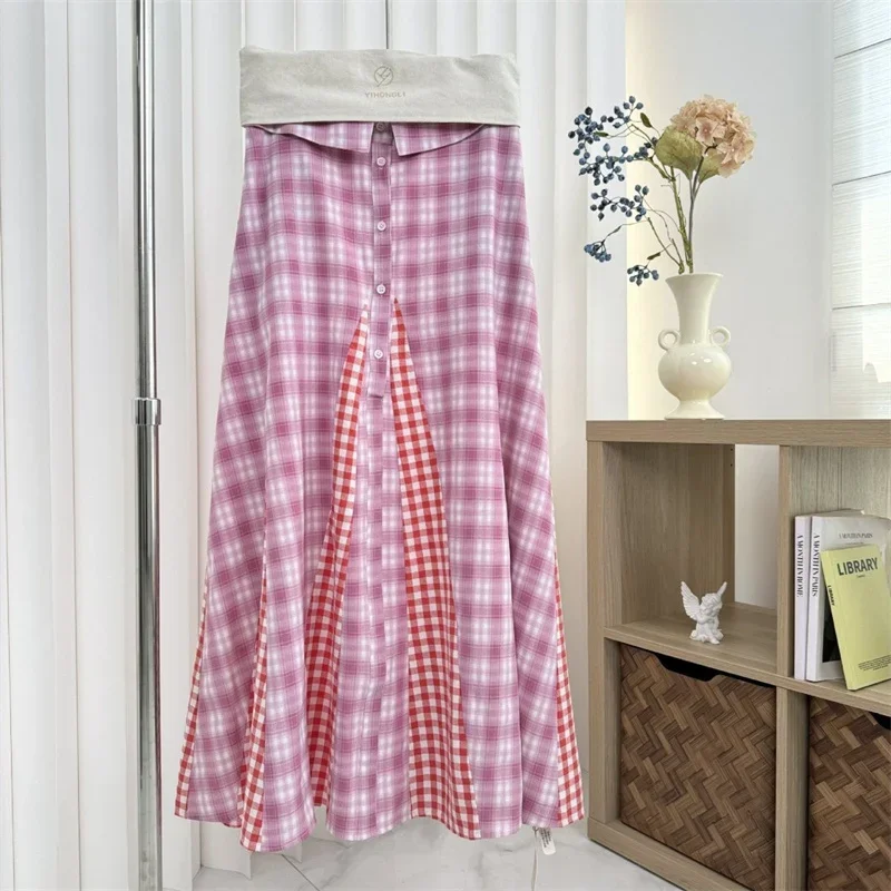 Nouvelle mode Plaid imprimé Jupe femmes Vintage été taille basse épicé fille Midi jupes Patchwork contraste couleur Preppy Jupe