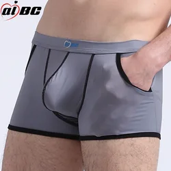 AIBC Big Penis Puch Sexy Underwear Men Boxer Shorts Bulge Novelty Pockets Ice Silk Boxers Men Underpants Transparent Panties