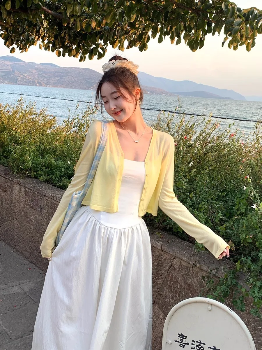 

Yellow Summer Thin Ice Silk Wrap Cardigan with Strap V-Neck Long Sleeve Air Conditioning Top Women's Korean Style Knitted Swe...