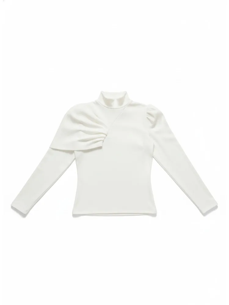 

Женская однотонная белая блузка Freeacy с высоким воротом, облегающая футболка с асимметричными пышными рукавами, осень 2024, повседневный пуловер, топы