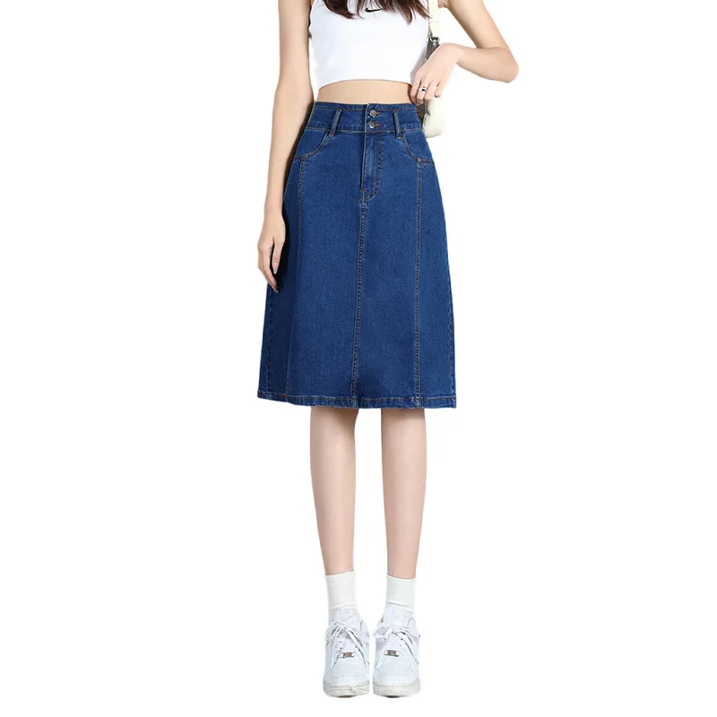 

2024 Women's Mid-High Waist Denim Skirt Slimming Stretch Cover Mid-Length A- line Split Skirt